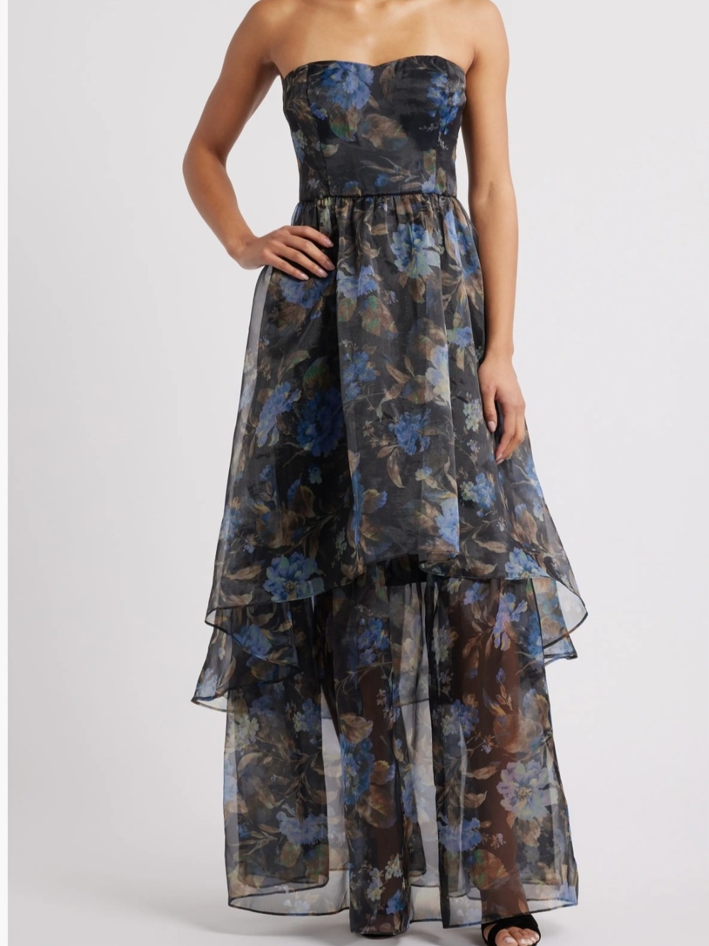 Lulu's Strapless Layered Floral High-Low Gown in Blue and Black